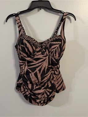 Miraclesuit Womens 12 Black Brown Tummy Control Palm Print Tankini Top